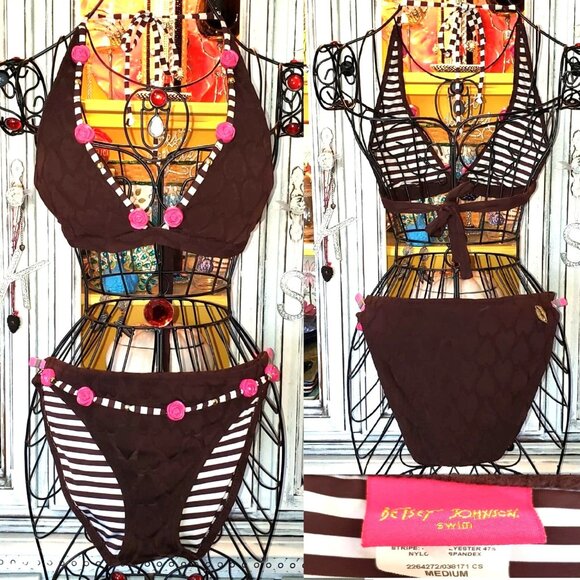 Vintage Betsey Johnson Bikini Pink 3D Rose Brown Hearts Fabric Swimsuit Size L M - Picture 1 of 14